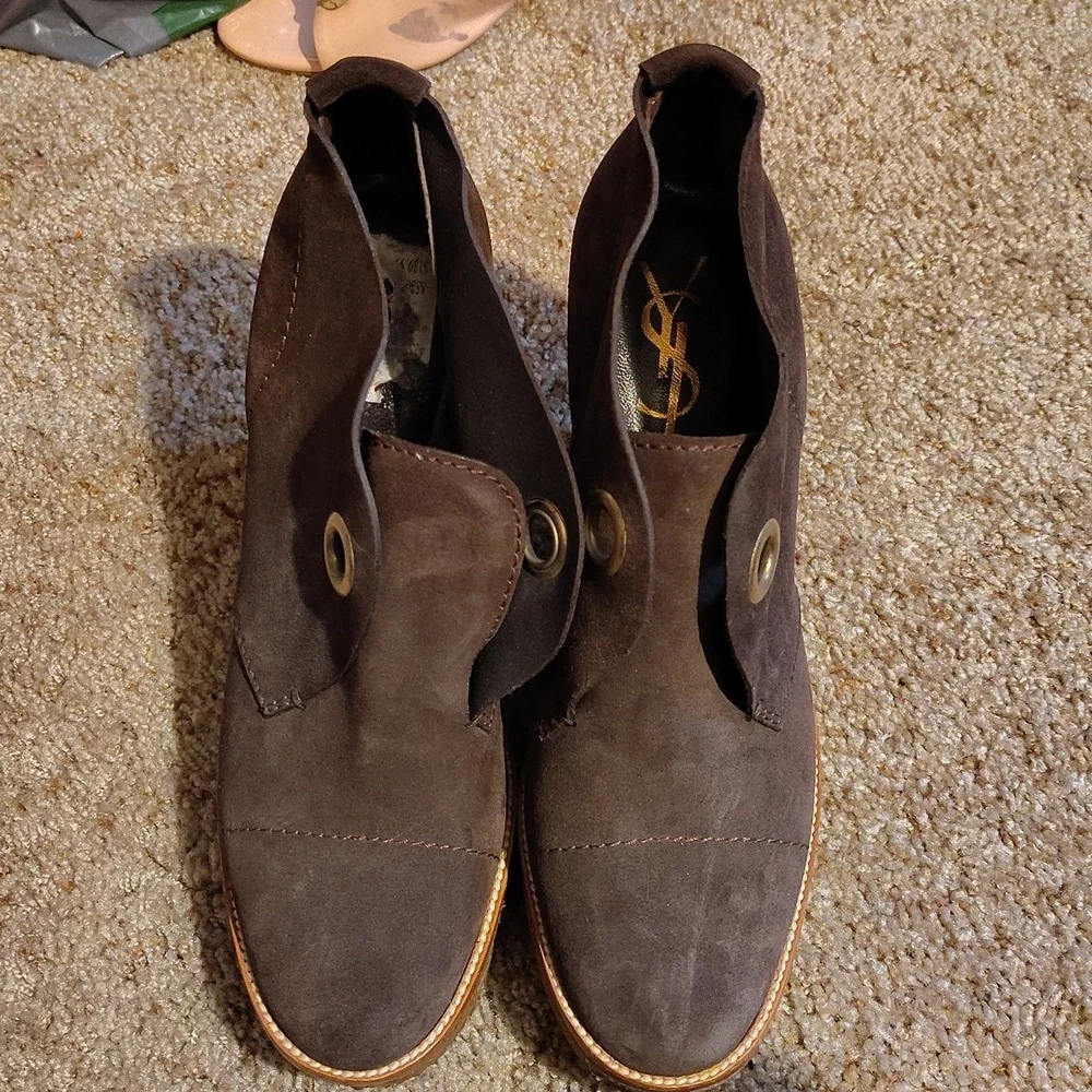 YSL Suede Brown Wedge Ankle Boots Sz 10 - Picture 2 of 8